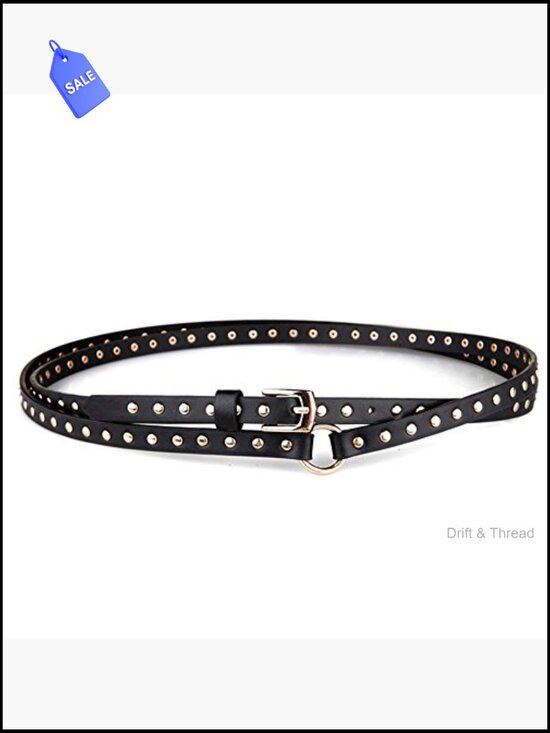 Double Wrap Thin Studded Genuine Leather Belt for Women
